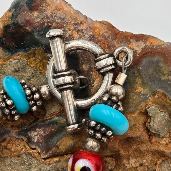 Vintage Handmade Boho Foil Glass Beaded 16" Necklace With Blue & Red Accents - Picture 7 of 9